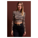 Cool & Sexy Women's Camel-Black Decollete Zebra Patterned Crop Blouse