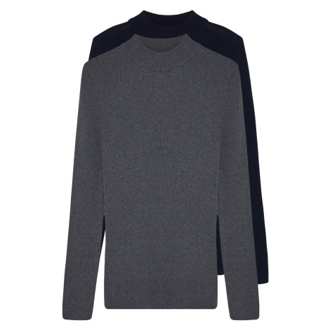 Trendyol Navy Blue-Anthracite Slim Fit Cotton Half Elastic Knit 2-Pack Knitwear Sweater