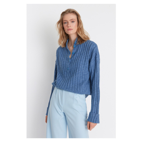 Trendyol Blue Wide Fit Soft Textured High Neck Knitwear Sweater