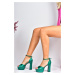 Fox Shoes Green Satin Fabric Platform Heels, Women's Evening Dress Shoes