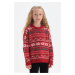 Dagi Red Girl&#39;s Christmas Themed Oversize Knitwear Sweater