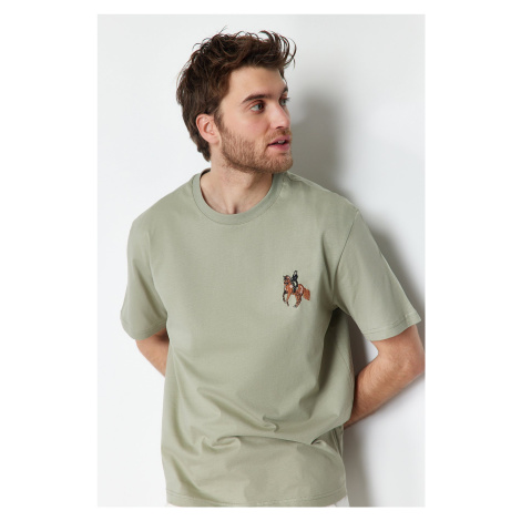 Trendyol Mint Relaxed/Relaxed Cut Horse/Animal Embroidered Short Sleeve 100% Cotton T-Shirt