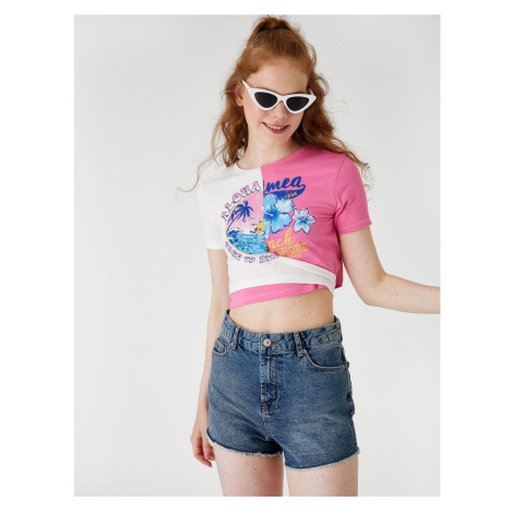 Koton Crop T-Shirt Printed Crew Neck