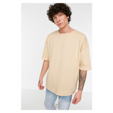 Trendyol Beige Basic 100% Cotton Crew Neck Oversize/Wide Fit Short Sleeve T-Shirt