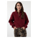 Trendyol Claret Red Casual Cut Crop Zippered Stand Collar Thick Polar Fleece Knitted Sweatshirt