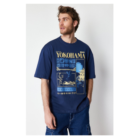 Trendyol Navy Blue Oversize Far East Printed 100% Cotton T-Shirt