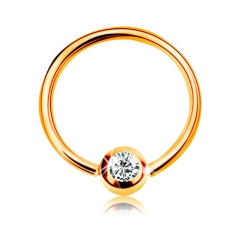 Zlatý 9K piercing - lesklý krúžok a gulička so vsadeným zirkónom čírej farby, 8 mm