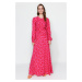 Trendyol Fuchsia Flower Patterned Woven Dress with Stitch Detail on the Waist