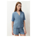 Trendyol Blue Buttoned Double Breasted Collar Viscose Woven Pajamas Set