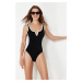 Trendyol Black V-Neck Piping Regular Swimsuit