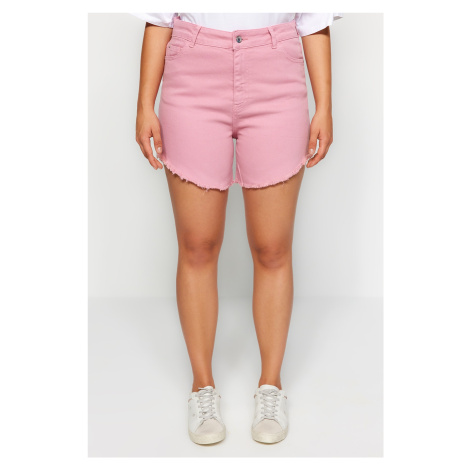 Trendyol Curve Pink Flexible Skinny Denim Shorts & Bermuda With Tassels on the Legs