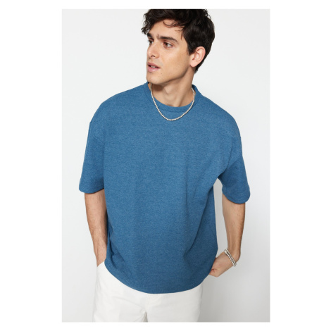 Trendyol Basic Indigo Oversize/Wide Fit Textured Waffle Short Sleeve T-Shirt