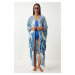 Happiness İstanbul Women's Blue Ecru Patterned Asymmetrical Viscose Kimono