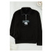 Trendyol Black Oversize/Wide Cut Animal Embroidered High Collar Zippered Sweatshirt