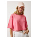 Happiness İstanbul Women's Pink Basic Crop Knitted T-Shirt