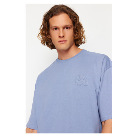 Trendyol Blue Oversize Embossed Printed 100% Cotton T-Shirt