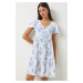 Happiness İstanbul Women's White Blue Floral Summer Flared Viscose Dress