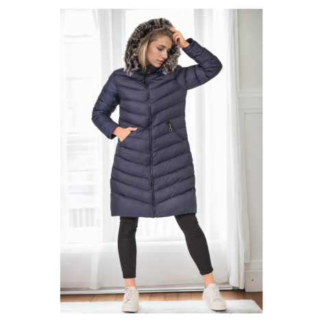 Z6690 DEWBERRY FUR HOODED WOMEN'S COAT-NAVY-1