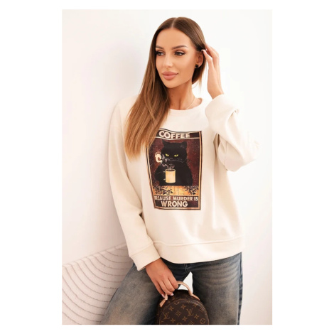 Kesi Włoski Dámska bavlnená mikina s potlačou mačky a nápisom jasno béžová