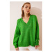 Happiness İstanbul Women's Light Green V-Neck Oversize Knitwear Sweater