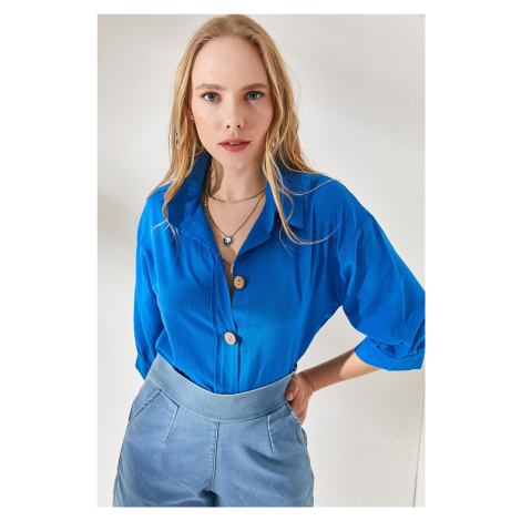 Olalook Women's Flared Blue Wooden Buttoned Three Quarter Arm Linen Shirt