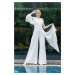 Lafaba Women's White Single Sleeve Belted Evening Dress Jumpsuit