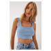 Happiness İstanbul Women's Sky Blue Strappy Ribbed Crop Knitted Blouse