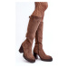 Women's chunky high-heeled boots, warm dark beige Alzeta