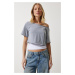 Happiness İstanbul Women's Gray Melange Boat Neck Basic Crop Knitted T-Shirt