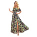 Dlouhé dámské šaty se španělským výstřihem a vzorem zelených listů a zlatých řetízků 194-4 - Num