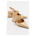 LuviShoes NEPIDO Beige Straw Women's Pointed Toe Slingback Thick Heeled Shoes