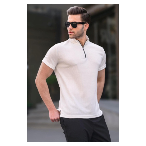 Madmext Zipper Collar White Men's T-Shirt 6120