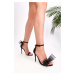 Shoeberry Women's Flores Black Satin Single Strap Heeled Shoes with Bow.