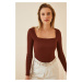 Happiness İstanbul Women's Dark Brown Square Neck Ribbed Knitted Blouse