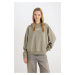 DEFACTO Women's Khaki Coool Loose Fit Printed Hooded Sweatshirt