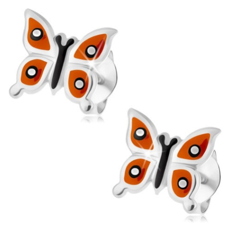 Strieborné náušnice 925, lesklý motýlik - oranžové krídla, čierne a biele bodky