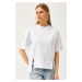 Olalook Women's White Stitching Detailed Cut-Front Cotton T-Shirt