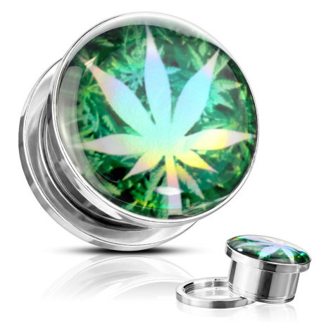 Plug do ucha z 316L ocele - list marihuany na zelenom podklade, glazúra - Hrúbka: 8 mm