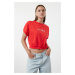 Trendyol Red 100% Cotton Premium Slogan Printed Crop Knitted T-Shirt