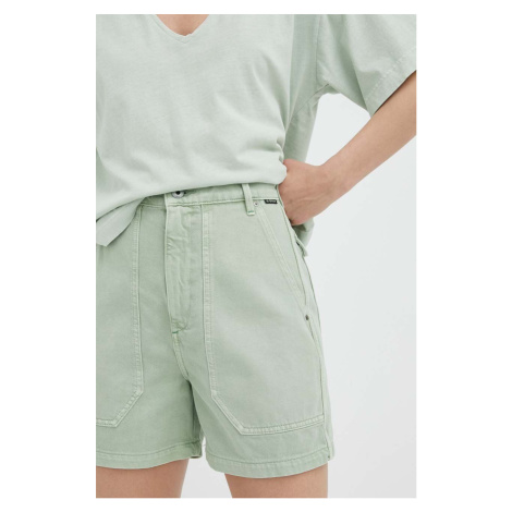 Rifľové krátke nohavice G-Star Raw dámske, zelená farba, jednofarebné, vysoký pás