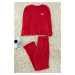 Trendyol Curve Red Ribbed Printed Knitted Pajama Set