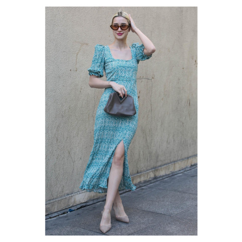 Madmext Turquoise Square Collar Patterned Long Dress