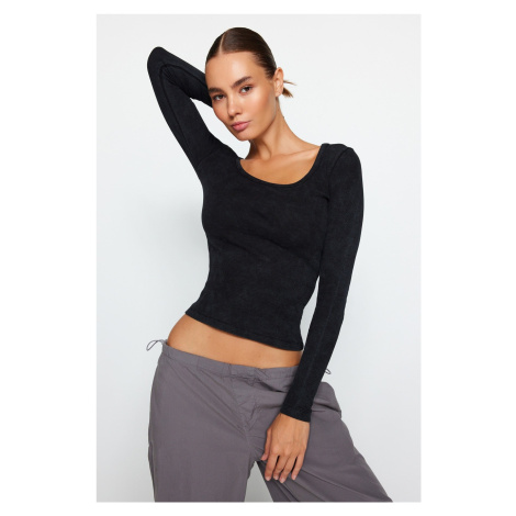 Trendyol Anthracite Wear/Faded Effect Ribbed Pool Collar Fitted Blouse in Cotton, Knitted