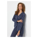 Trendyol Indigo 100% Bavlnené pruhované tričko-nohavice pletené pyžamo set