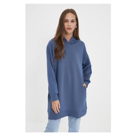Trendyol Navy Blue Hooded Pocket Scuba Knitted Oversize Sweatshirt