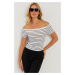 Cool & Sexy Women's White Madonna Collar Striped Camisole Blouse