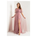 Lafaba Dámsky levanduľový balónový rukáv strieborné dlhé večerné šaty