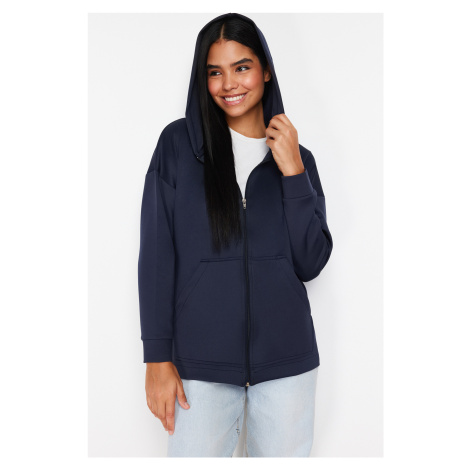 Trendyol Navy Blue Hooded Zippered Pocket Diver/Scuba Knitted Tunic Cardigan