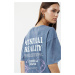 Trendyol Indigo Oversize/Wide Pattern Washed Slogan and Back Printed 100% Cotton Knitted T-Shirt