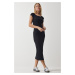 Happiness İstanbul Women's Black Crew Neck Ribbed Knitted Modal Dress